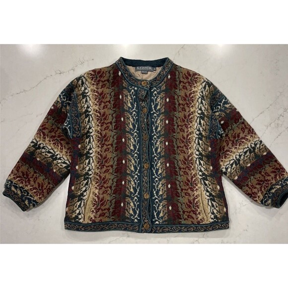 Icelandic Design Sweater Womens L Button Cardigan Jacket Wool Blend Lined Boho - Picture 1 of 14